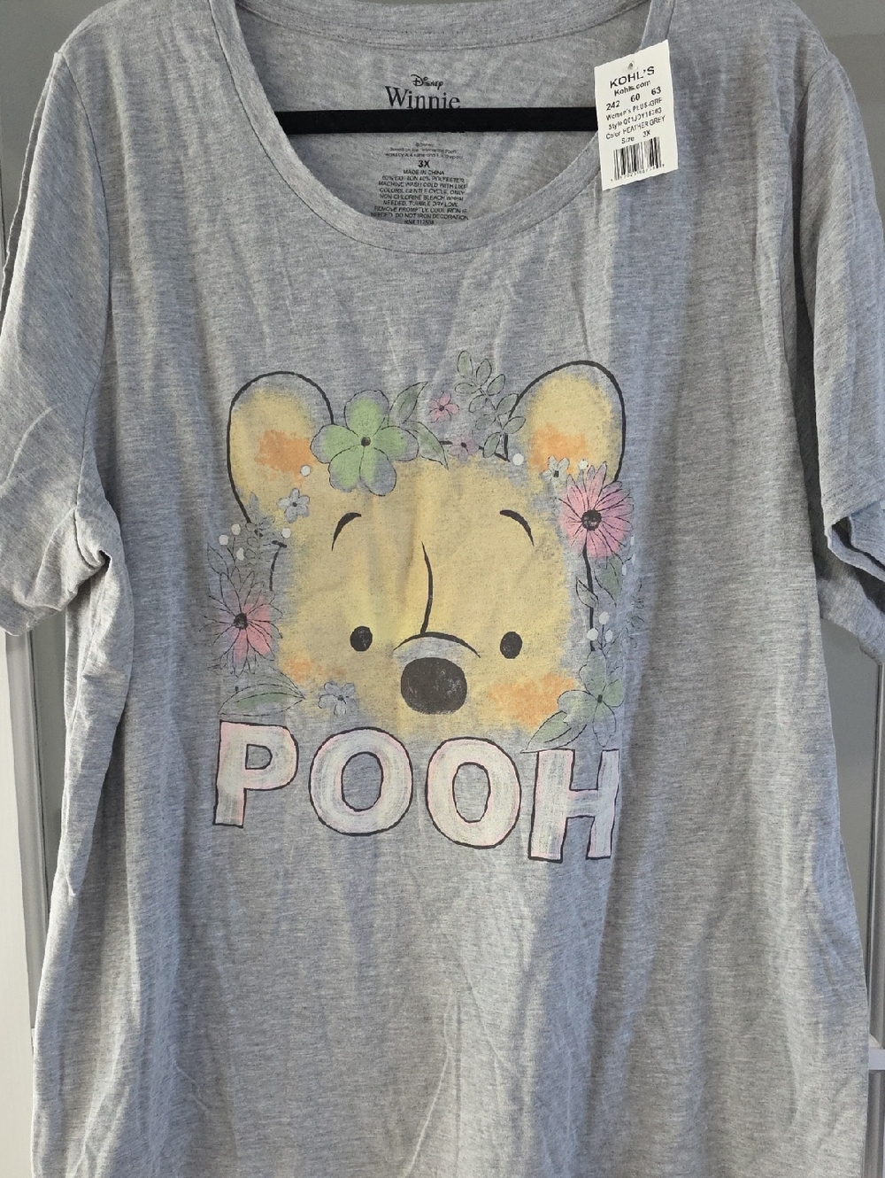 Disney Kohl's Gray Winnie the Pooh Floral Graphic Tee NWT Women's 3X